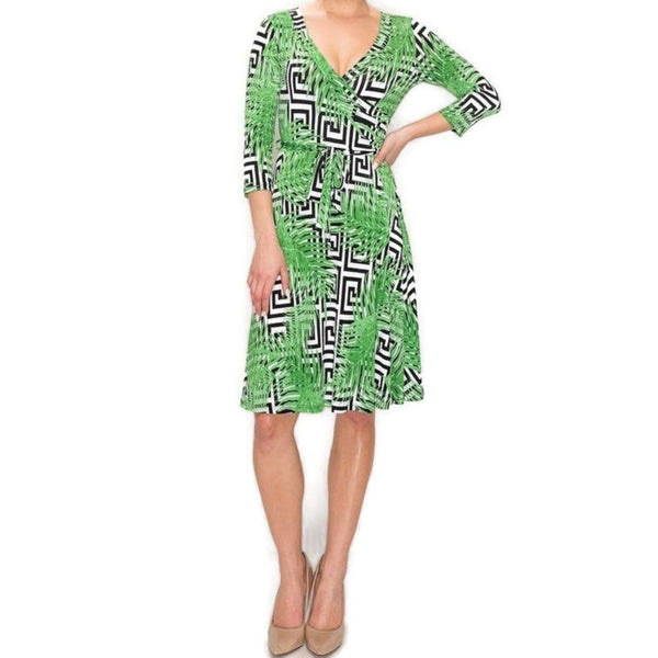 Black White Lime Palm Leaf Faux Wrap Knee Length Dress