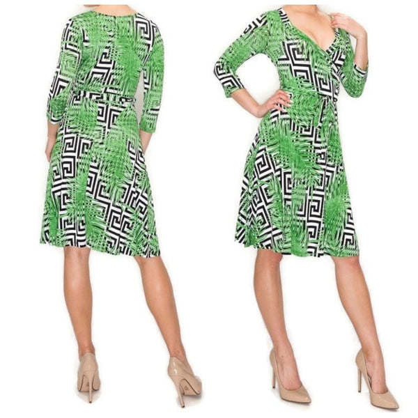 Black White Lime Palm Leaf Faux Wrap Knee Length Dress