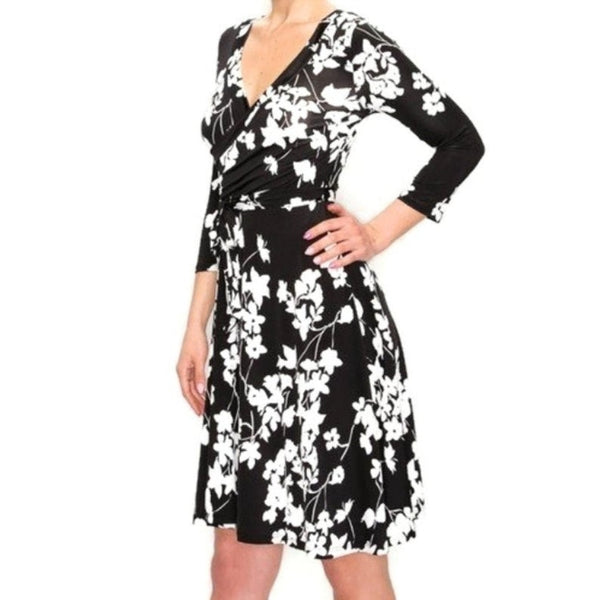 Black White Floral Faux Wrap Knee Length Dress