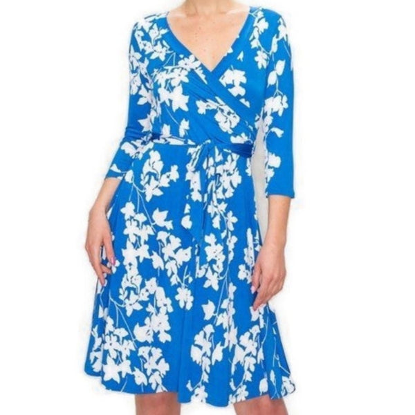 Blue White Floral Faux Wrap Knee Length Dress