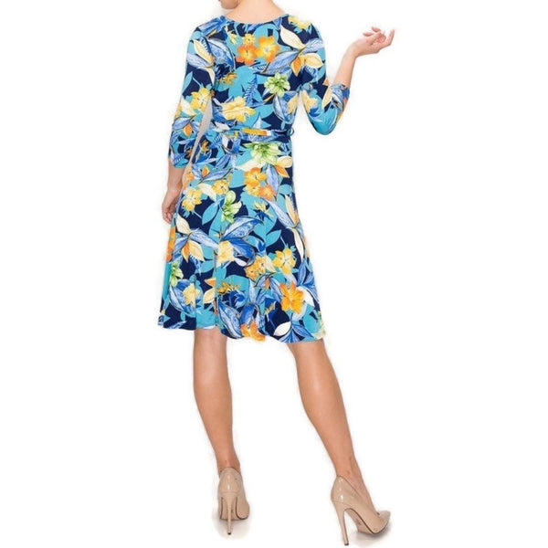 Sea Blue Floral Faux Wrap Knee Length Dress