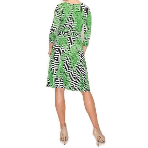 Black White Lime Palm Leaf Faux Wrap Knee Length Dress