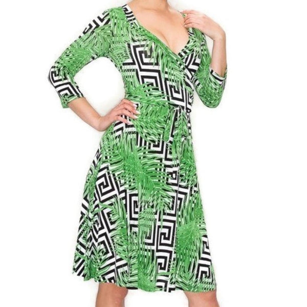 Black White Lime Palm Leaf Faux Wrap Knee Length Dress