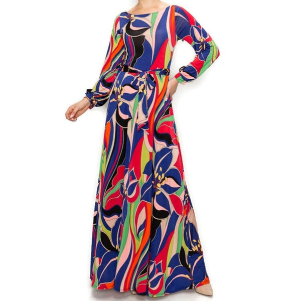 Groovy Flower Power Bell Long Sleeve Modest Maxi Dress