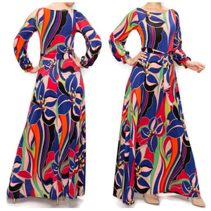 Groovy Flower Power Bell Long Sleeve Modest Maxi Dress