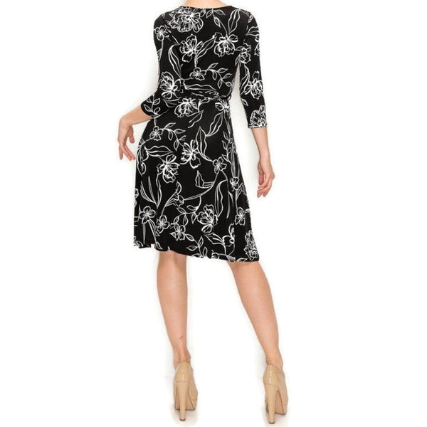 Black White Stencil Floral Faux Wrap Knee Length Dress