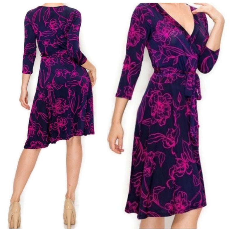 Navy Fuchsia Stencil Floral Faux Wrap Knee Length Dress