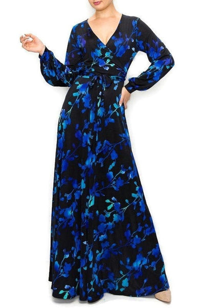 Black Royal Blue Watercolor Floral Bell Long Sleeve Maxi Dress