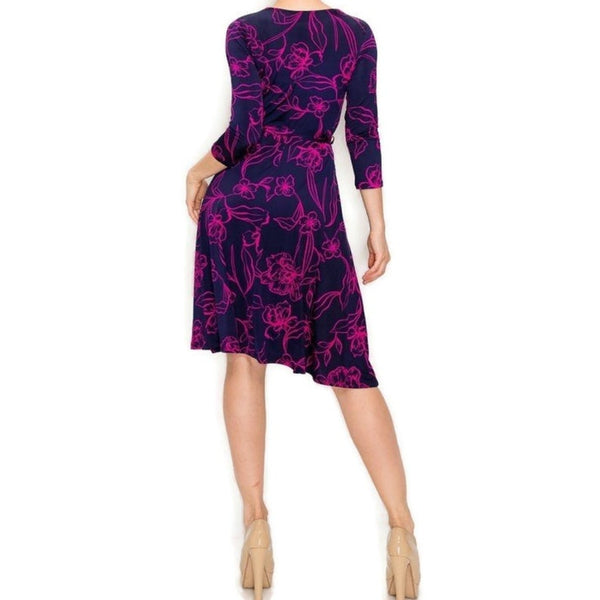 Navy Fuchsia Stencil Floral Faux Wrap Knee Length Dress