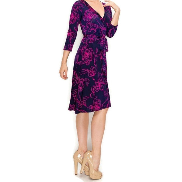 Navy Fuchsia Stencil Floral Faux Wrap Knee Length Dress