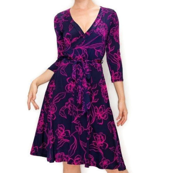 Navy Fuchsia Stencil Floral Faux Wrap Knee Length Dress