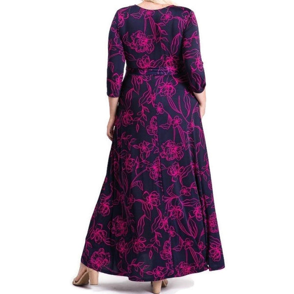 Navy Fuchsia Stencil Floral Faux Wrap Maxi Plussize Dress