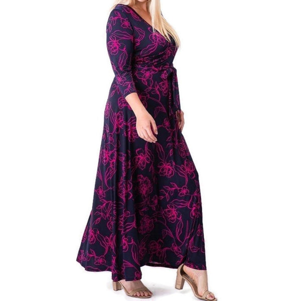 Navy Fuchsia Stencil Floral Faux Wrap Maxi Plussize Dress