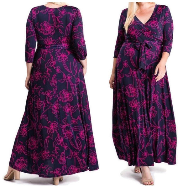 Navy Fuchsia Stencil Floral Faux Wrap Maxi Plussize Dress