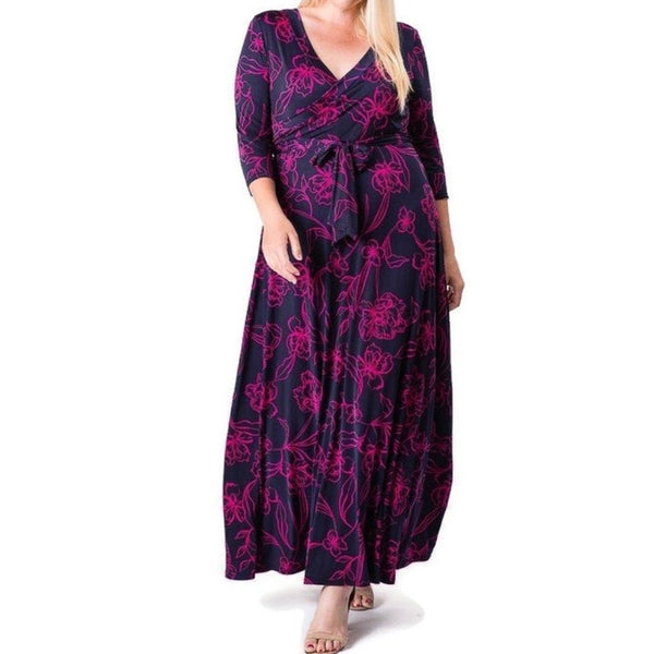 Navy Fuchsia Stencil Floral Faux Wrap Maxi Plussize Dress