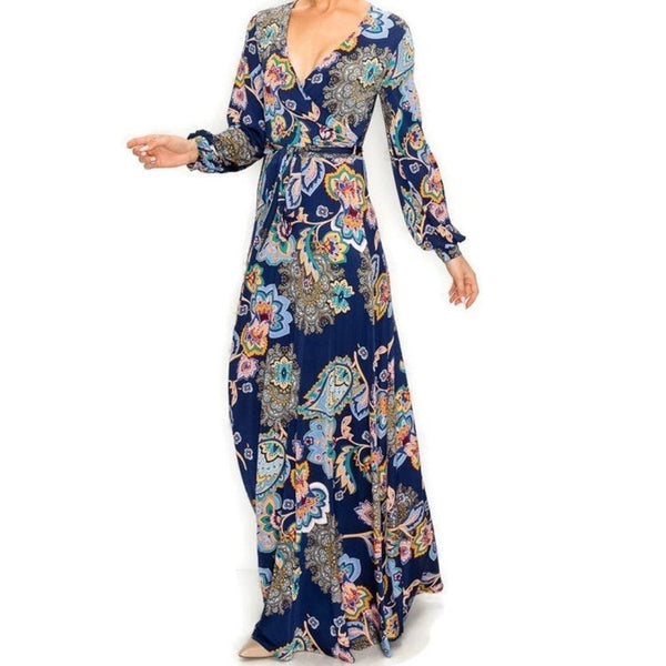 Navy Multicolor Paisley Floral Bell Long Sleeve Maxi Dress