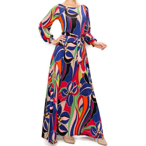 Groovy Flower Power Bell Long Sleeve Modest Maxi Dress