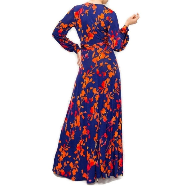 Navy Orange Red Watercolor Floral Bell Long Sleeve Maxi Dress