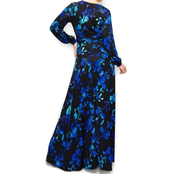 Black Royal Blue Watercolor Floral Bell Long Sleeve Maxi Dress