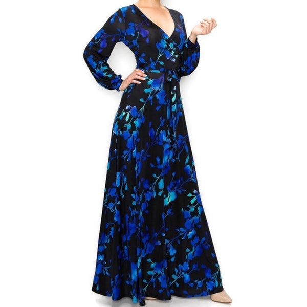 Black Royal Blue Watercolor Floral Bell Long Sleeve Maxi Dress