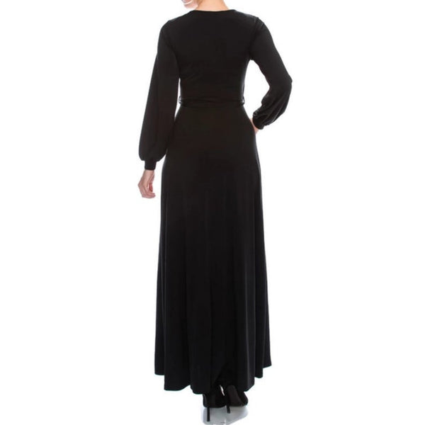 Black V-neck Bell Long Sleeve Evening Formal Maxi Dress