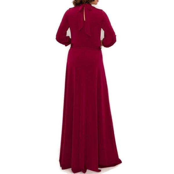 Burgundy Mock Neck Tie Cuffed Sleeve Modest Maxi Dress