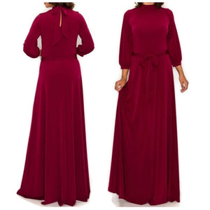 Burgundy Mock Neck Tie Cuffed Sleeve Modest Maxi Dress