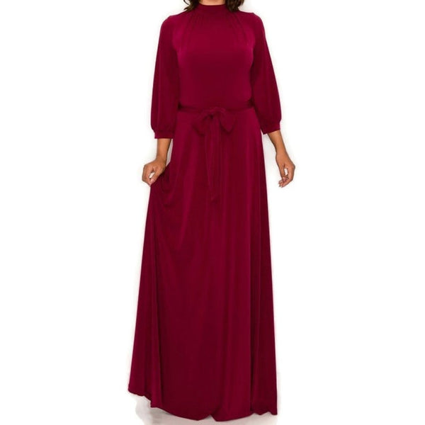 Burgundy Mock Neck Tie Cuffed Sleeve Modest Maxi Dress