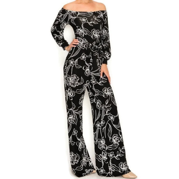 Black White Floral Bell Long Sleeve Off Shoulder Jumpsuit