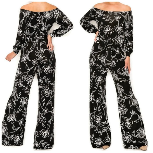 Black White Floral Bell Long Sleeve Off Shoulder Jumpsuit