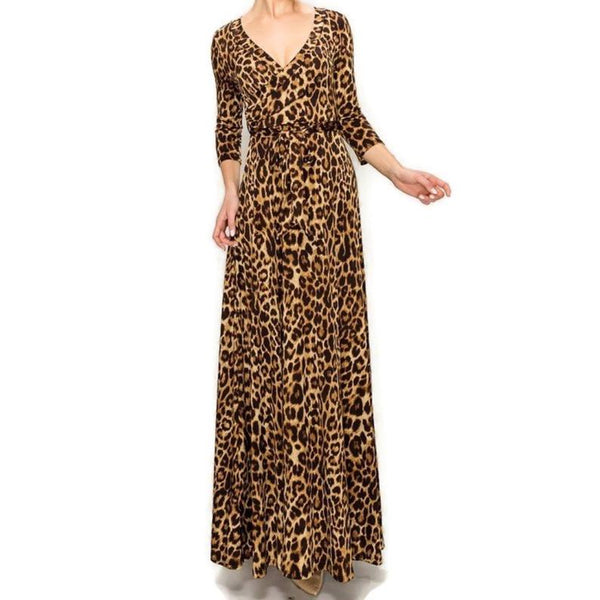 Leopard Animal Print Faux Wrap Maxi Dress