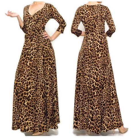 Leopard Animal Print Faux Wrap Maxi Dress