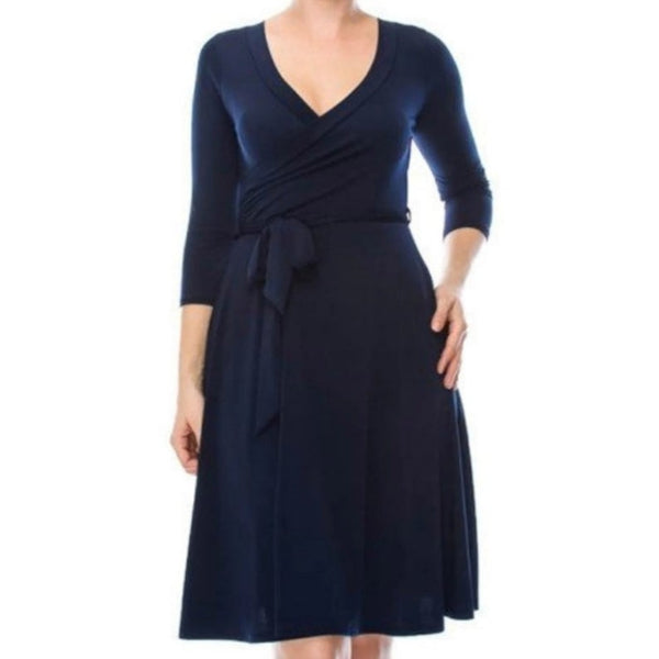 Navy Solid Faux Wrap Knee Length Dress