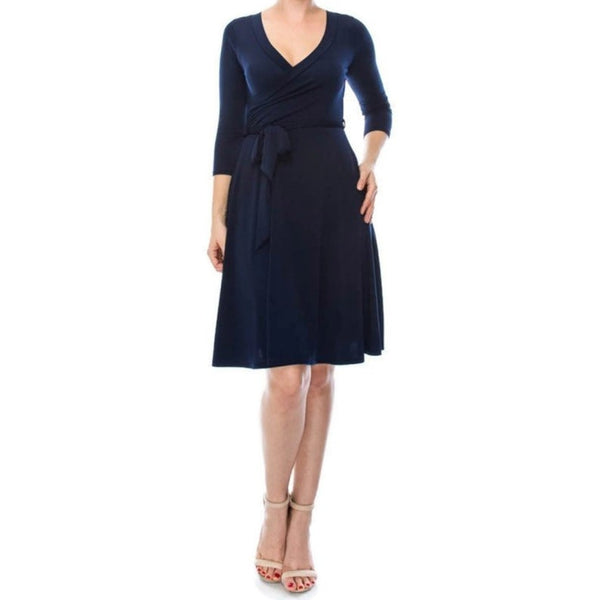 Navy Solid Faux Wrap Knee Length Dress