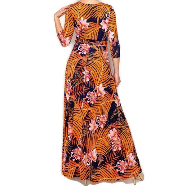 Orange Palm Leaves Floral Faux Wrap 3/4 Sleeve Long Maxi Dress