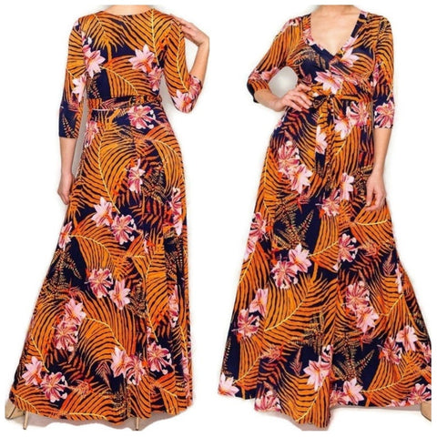 Orange Palm Leaves Floral Faux Wrap 3/4 Sleeve Long Maxi Dress