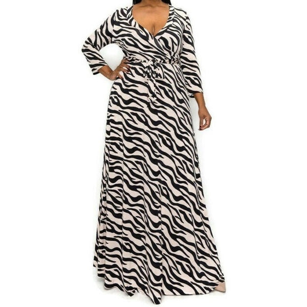 Black Taupe Animal Print Faux Wrap Maxi Plussize Dress