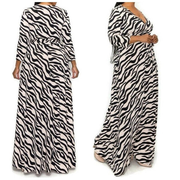 Black Taupe Animal Print Faux Wrap Maxi Plussize Dress