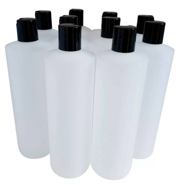 8oz or 16oz Natural HDPE Plastic Cylinder Bottles with 24/410 Black Disc Dispensing Caps