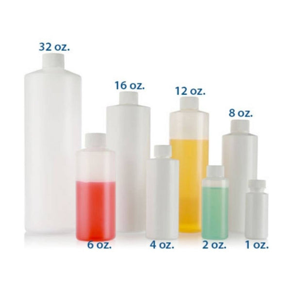 8oz or 16oz Natural HDPE Plastic Cylinder Bottles with 24/410 Black Disc Dispensing Caps