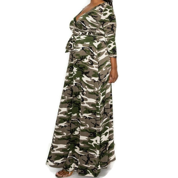 Olive Green Camouflage Faux Wrap Maxi Plussize Dress