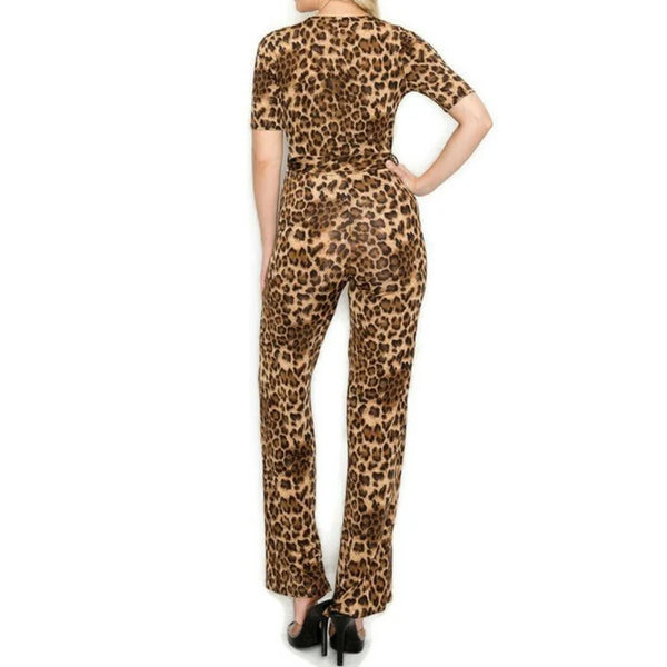 Leopard Short Sleeve V-neck Casual Jumpsuit