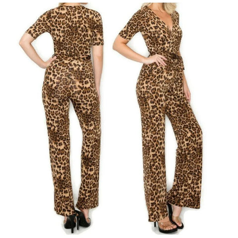 Leopard Short Sleeve V-neck Casual Jumpsuit