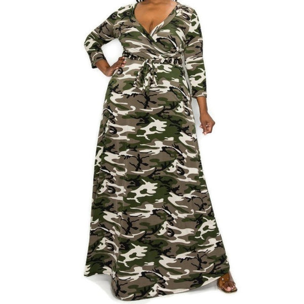 Olive Green Camouflage Faux Wrap Maxi Plussize Dress