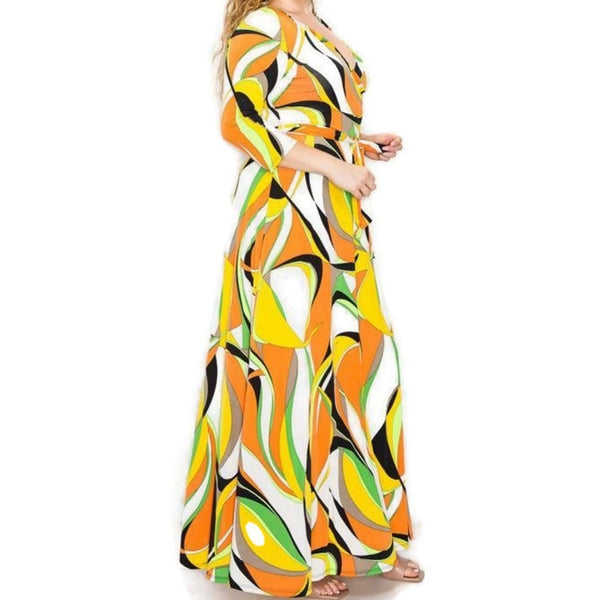 Seventies Retro Swirl Faux Wrap Maxi Plussize Dress