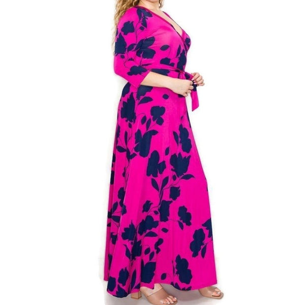 Fuchsia Navy Floral Faux Wrap Maxi Plussize Dress