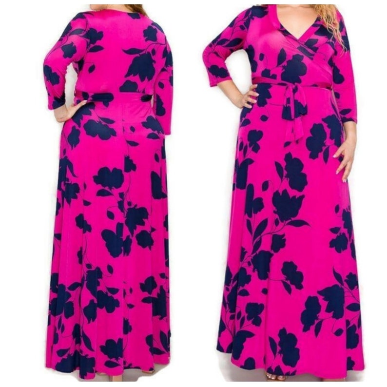 Fuchsia Navy Floral Faux Wrap Maxi Plussize Dress