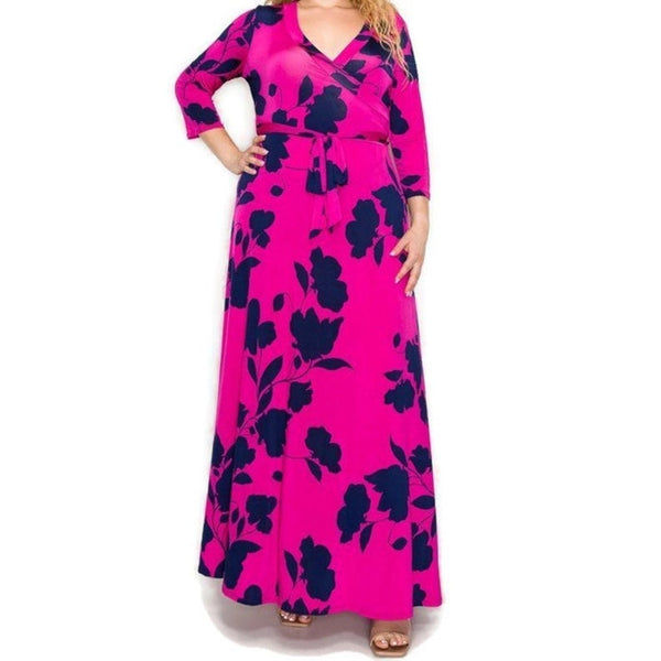 Fuchsia Navy Floral Faux Wrap Maxi Plussize Dress