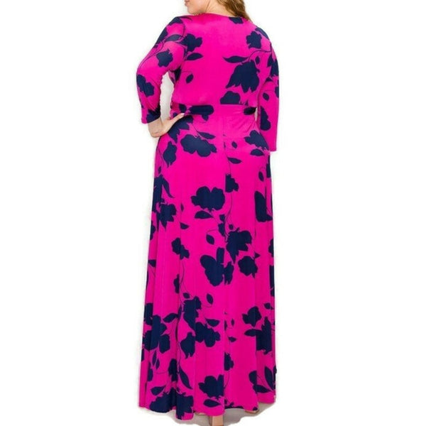 Fuchsia Navy Floral Faux Wrap Maxi Plussize Dress