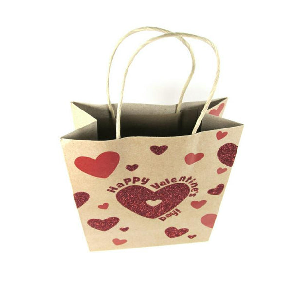 Valentines Day Red Glitter Heart Kraft Handle Paper Party Favor Wedding Gift Bags - Set of 15